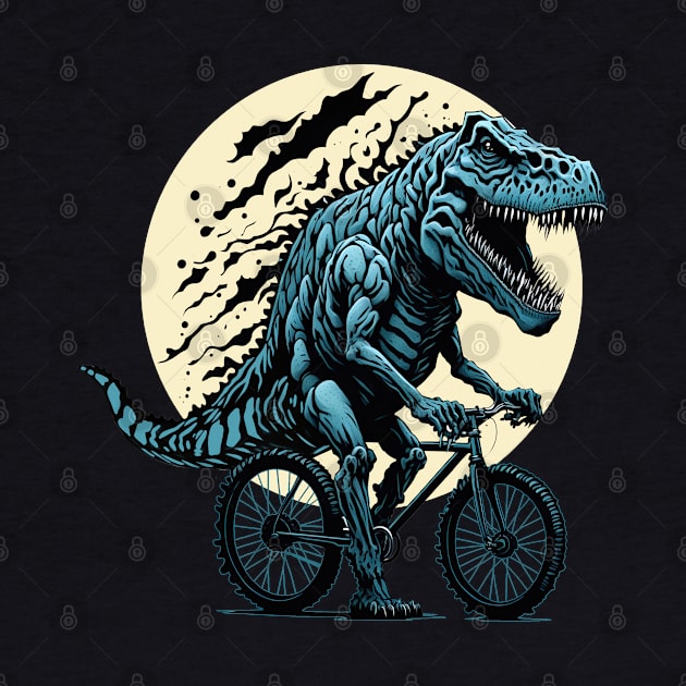 Dinosaur lover cyclist on the moon in forest by Collagedream